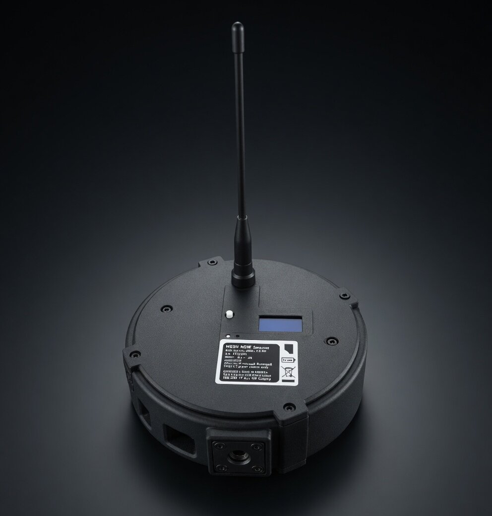 Compact circular mesh node repeater with whip antenna