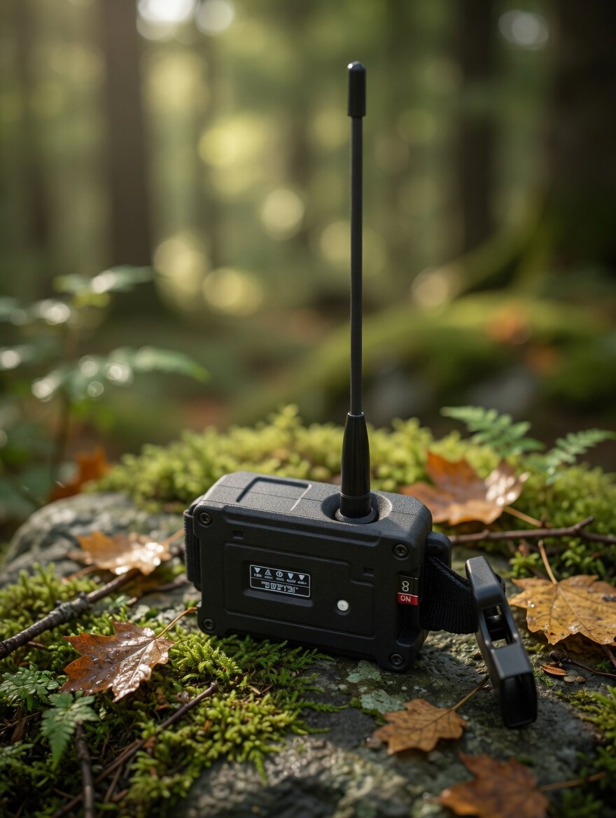 Personal mesh node companion device placed on rock in forest understory