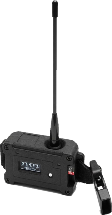 Companion: a small rectangular black node with a whip antenna, a front display and a side strap clip