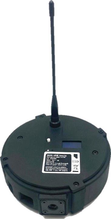 Repeater: a round black mesh node with one whip antenna, a small display and a white label on top