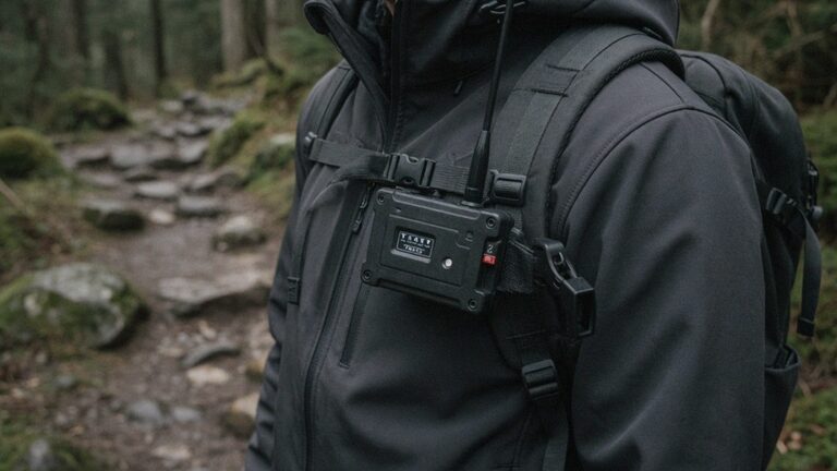 A handheld companion node clipped to the shoulder strap of a backpack on a forest trail