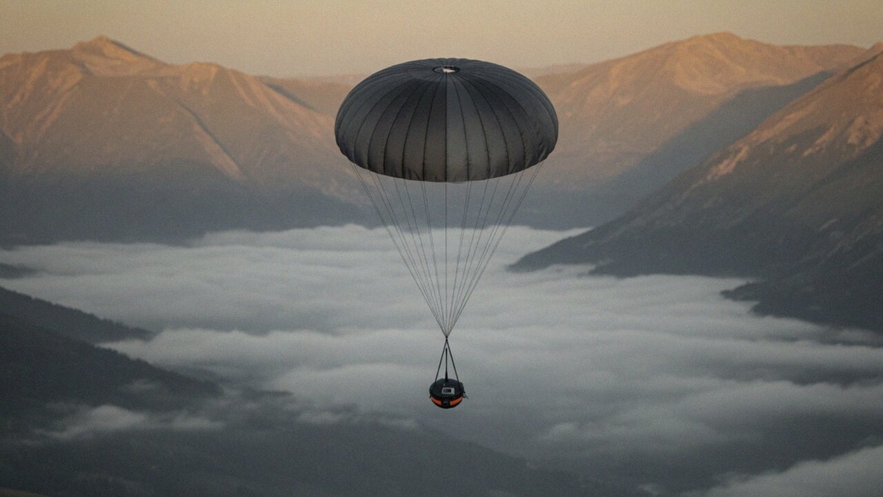 A repeater descends under a charcoal parachute into a mountain valley filled with low cloud