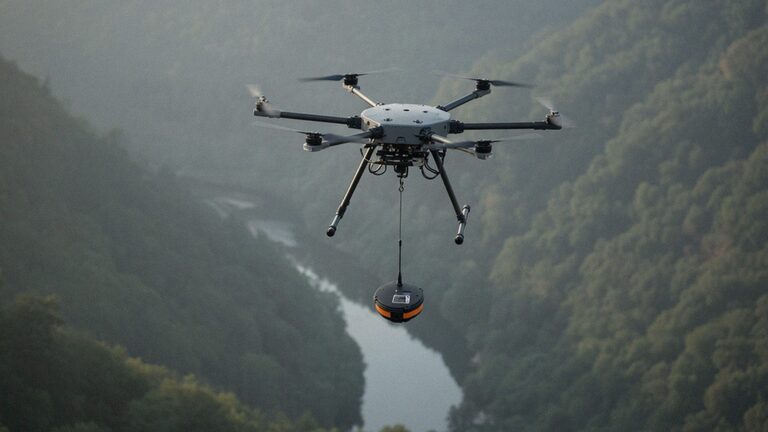 A hexacopter carries a repeater on a release cord over a river valley