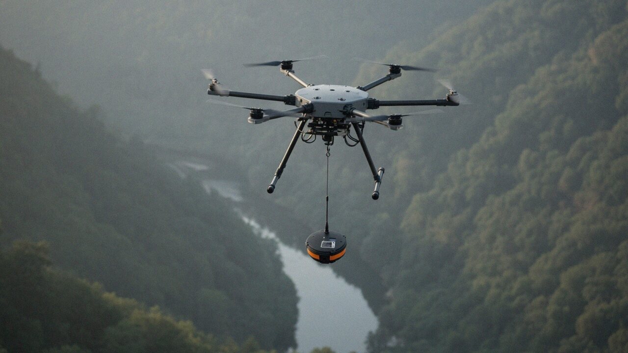 A heavy-lift hexacopter carries an orange-banded repeater on a cord over a forested river valley