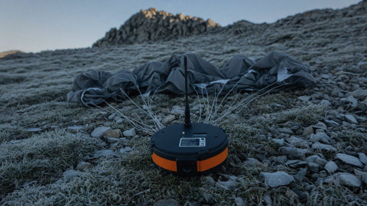 A repeater sits level on frosted alpine grass after landing, its grey parachute collapsed behind it