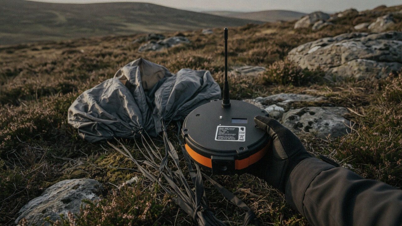 A gloved hand collects an orange-banded repeater from heather, its parachute gathered beside it