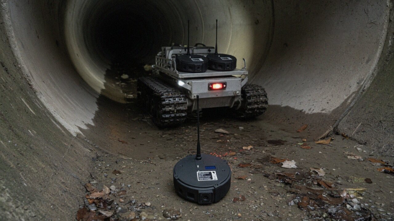 A tracked robot carrying repeaters drives into a culvert after setting one down on the floor