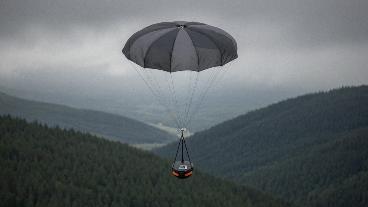 A repeater under a grey parachute descends over a forested wilderness valley with mist between the ridges