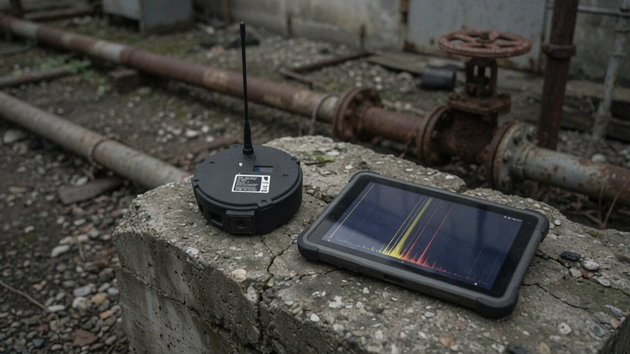 A repeater and a rugged tablet showing a radio spectrum waterfall on a concrete block in a disused industrial yard