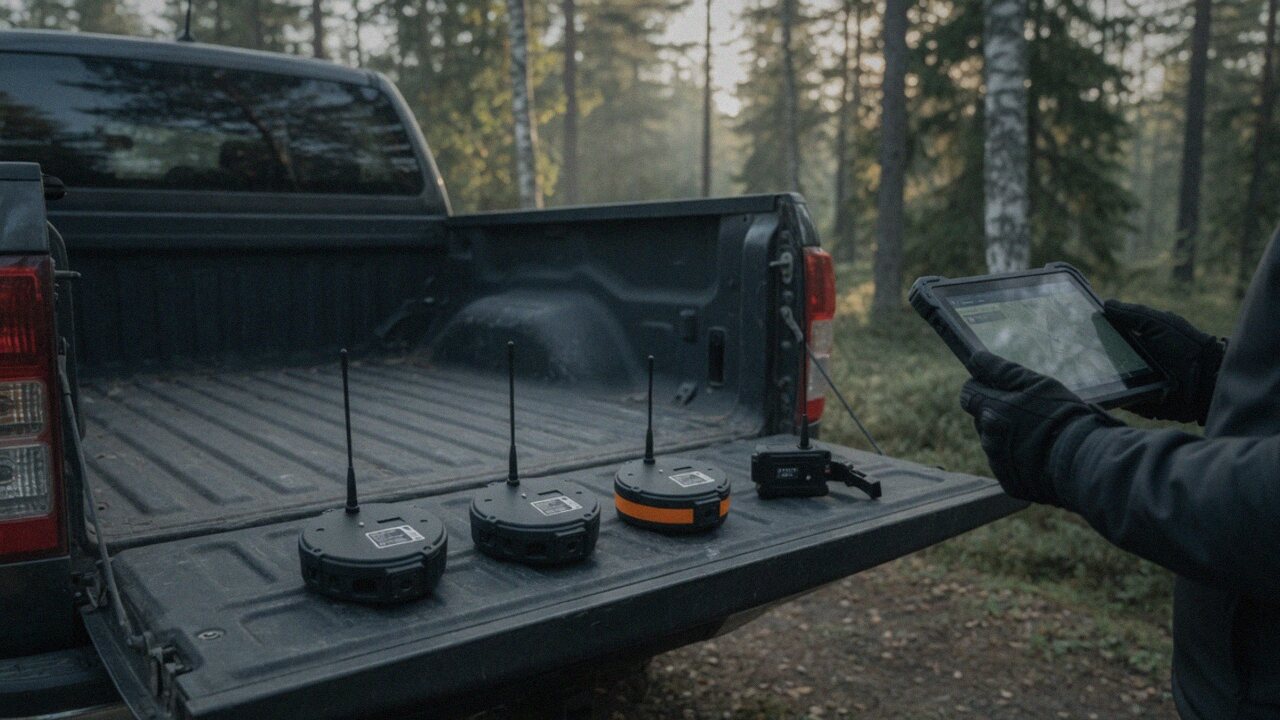 Field team prepares repeaters and a companion on a pickup tailgate, one person holding a tablet
