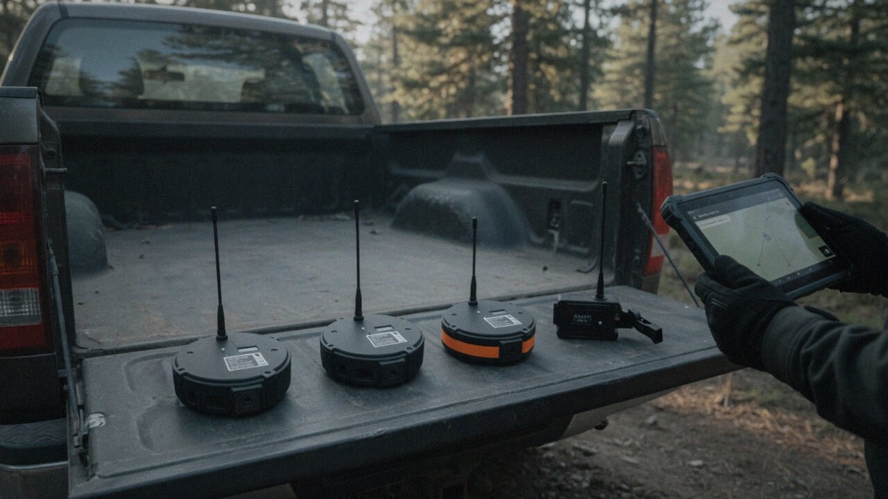Three round repeaters and a handheld companion in a row on a pickup tailgate at a forest trailhead, with gloved hands holding a tablet
