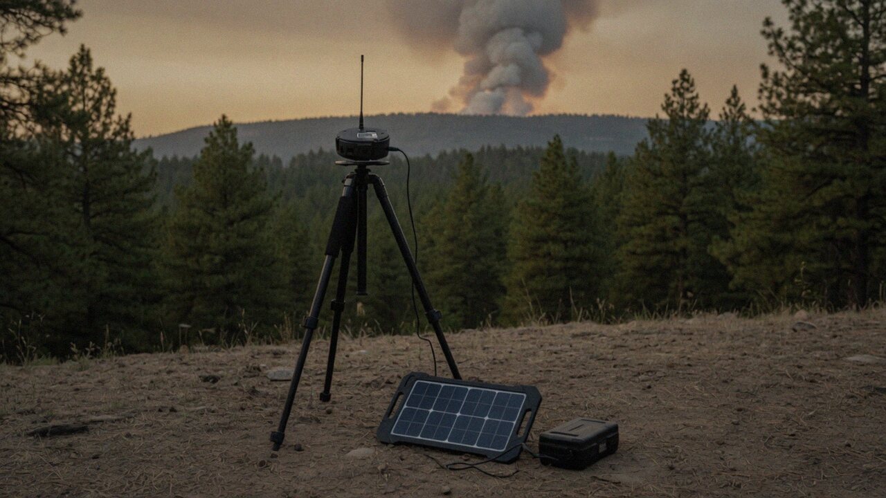 A repeater on a short black tripod with a solar panel at the edge of a pine forest, wildfire smoke on a distant ridge