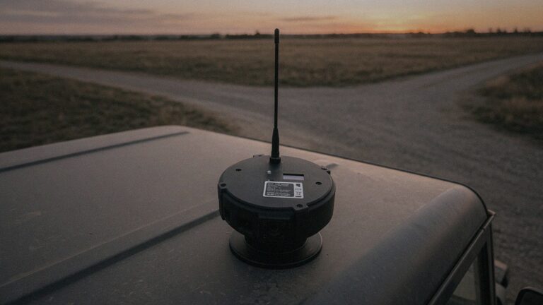 A repeater on a magnetic mount on the roof of a utility vehicle at a gravel crossroads at dusk