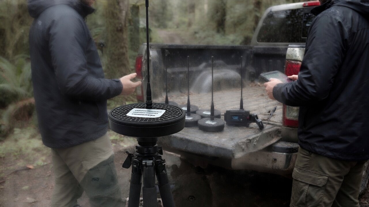 Field personnel with tablets beside a tailgate array of mesh nodes and companion device, tripod-mounted node in background