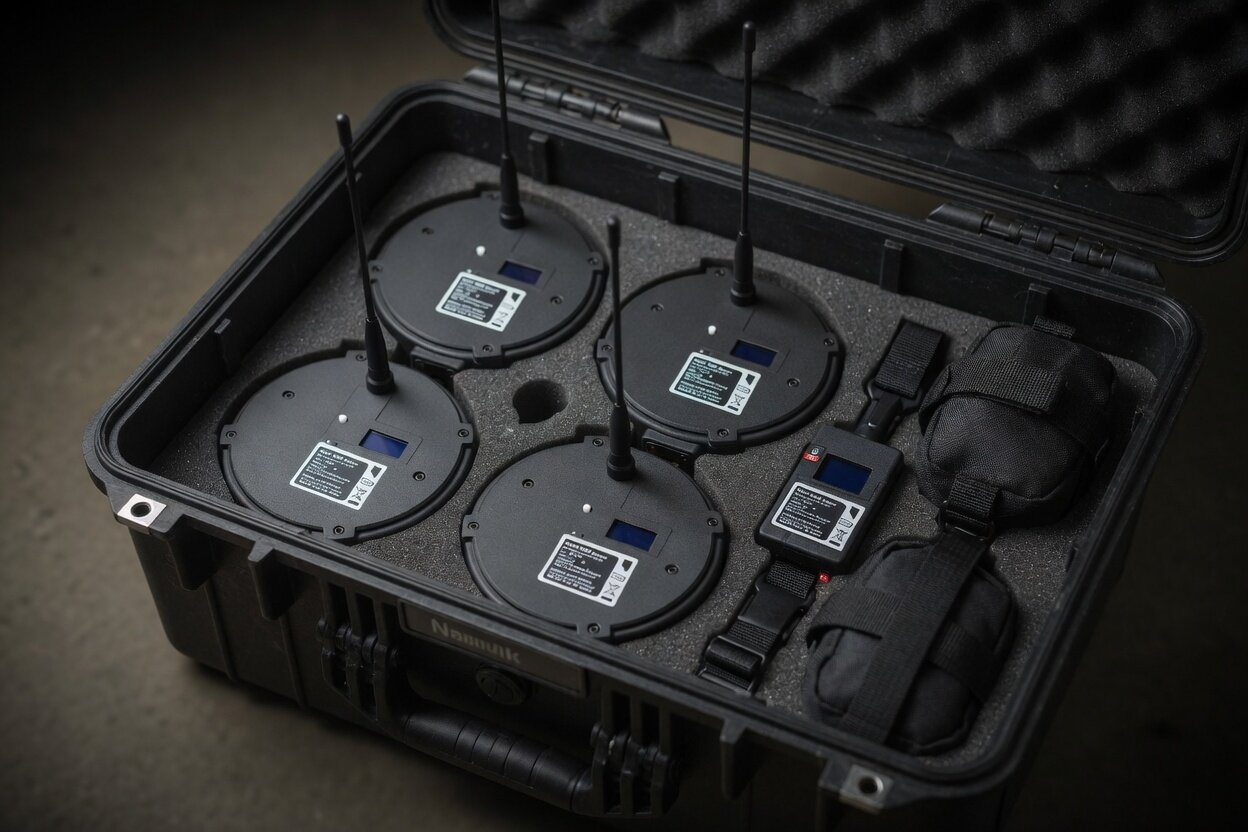 Mesh nodes and companion device packed in an open Nanuk hard case with foam