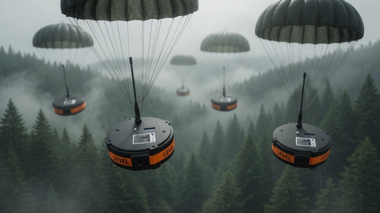 Multiple small mesh nodes with orange stripes descending under parachutes over a wilderness valley