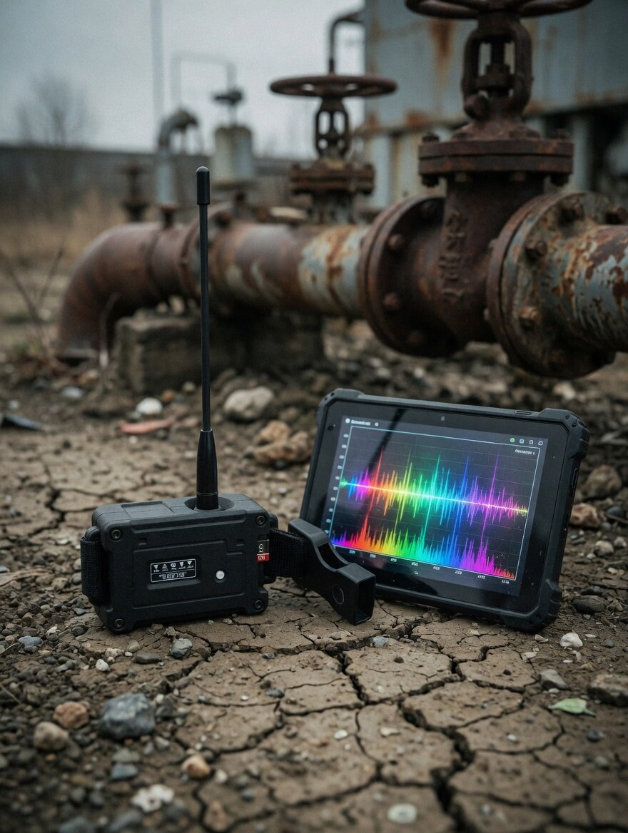 Matte black field sensor with antenna near industrial site for spectrum observation