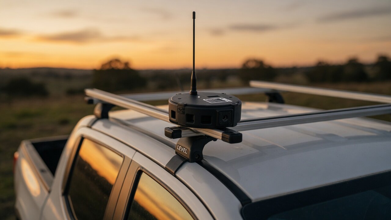 Wheeled utility vehicle with mast-mounted sensor on a dirt track at dusk