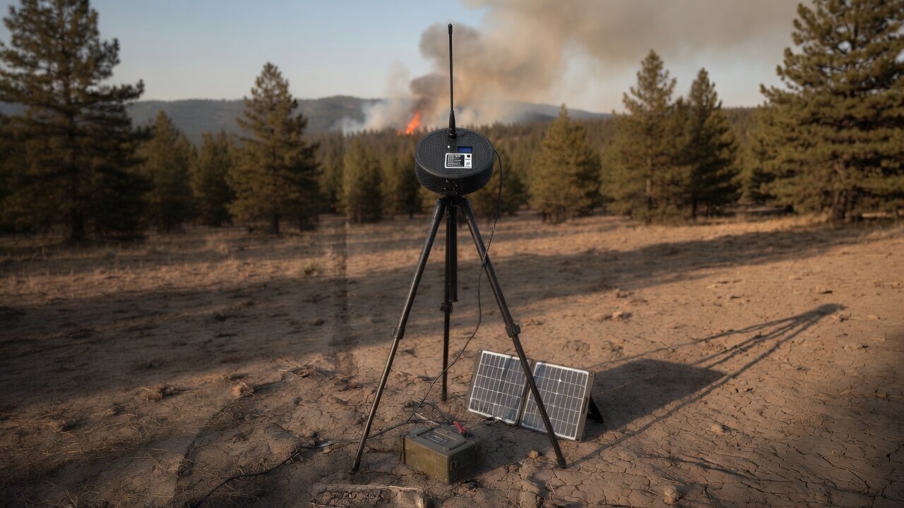 Compact mesh node on a survey tripod with battery pack and solar panel, wildfire smoke on the horizon
