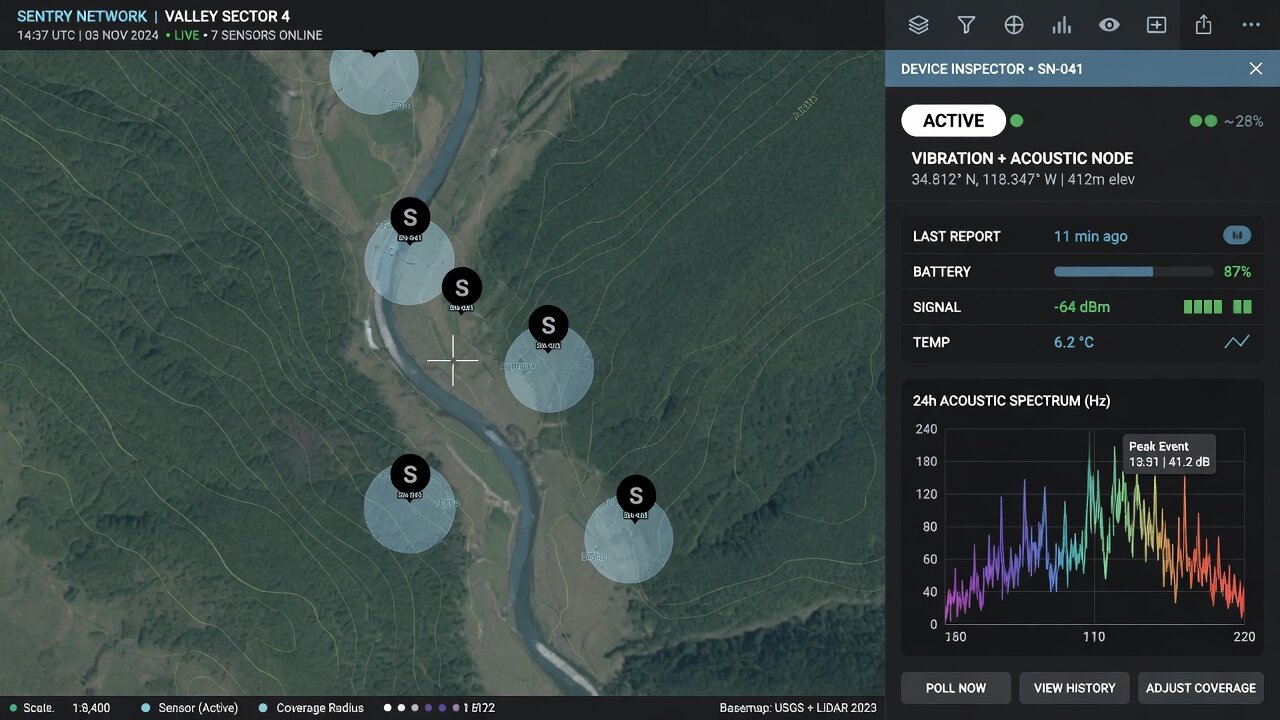 Device inspector panel on a GIS map showing sensor status and spectrum data