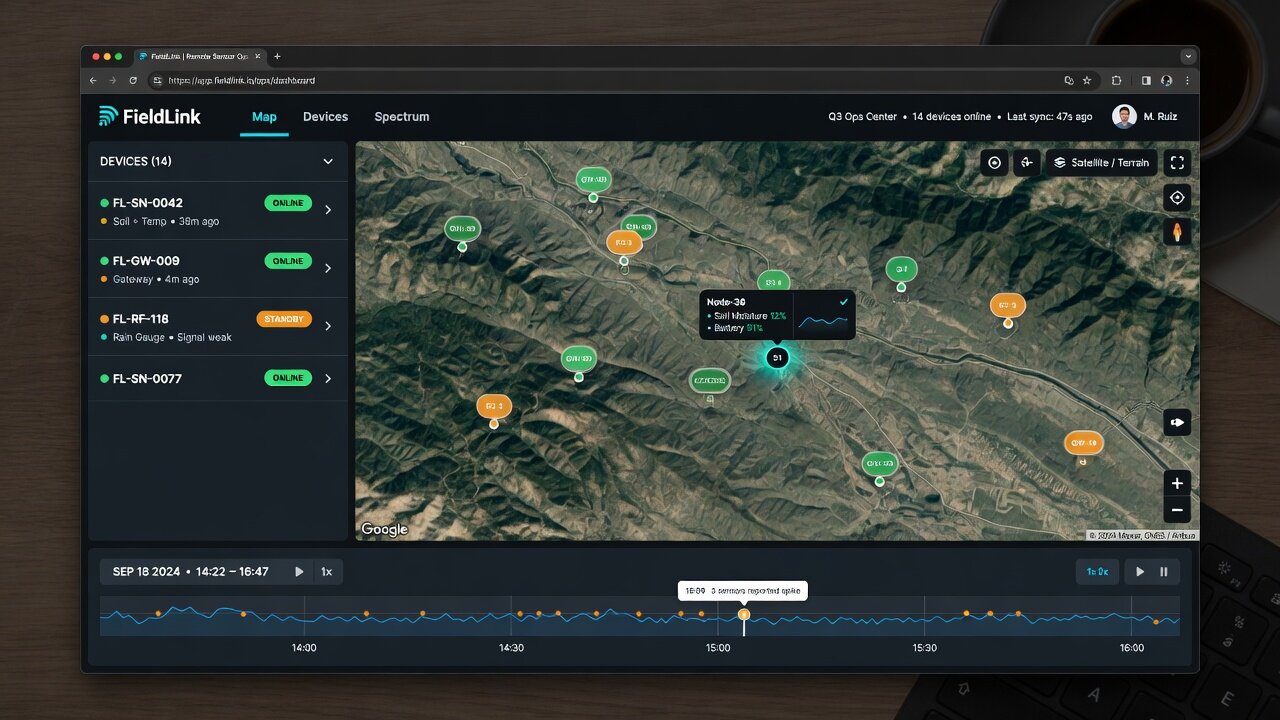 Web operations platform with GIS map and list of remote field devices